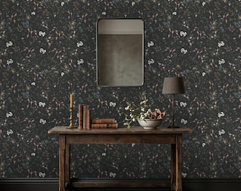 Dark Floral Wallpaper, Moody Botanical Wall Mural, Vintage Meadow Flower Pattern on Black, Dark Academia Décor, Peel and Stick or Vinyl