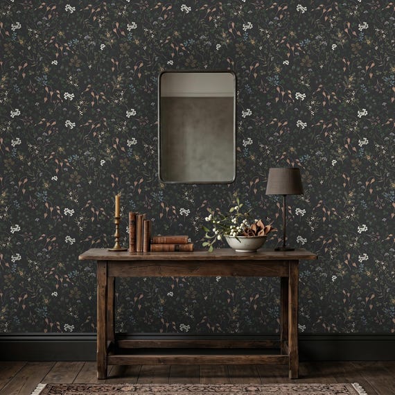 Dark Floral Wallpaper, Moody Botanical Wall Mural, Vintage Meadow Flower Pattern on Black, Dark Academia Décor, Peel and Stick or Vinyl