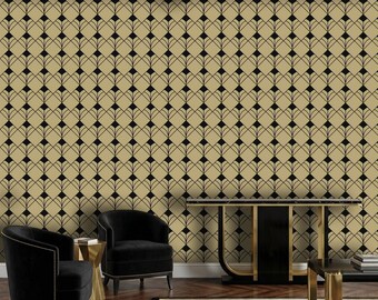 Wallpaper Peel and Stick, Black and Gold Geometric Wall Mural, Luxury Gatsby Style Removable Wallpaper, Elegant Fan Pattern Décor