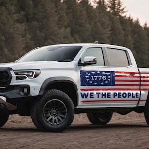 USA Flag Truck Vinyl Wrap – Full Side Decal for Pickup with We The People 1776 Design, Patriotic American Graphic for Door and Bed