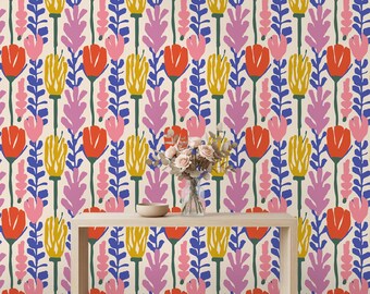 Modern Floral Removable Wallpaper, Matisse Style Abstract Flower Wall Mural, Bold Colorful Peel and Stick, Scale Botanical Print
