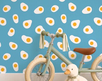 Cute Kitchen Wallpaper Peel and Stick, Funny Fried Egg Wall Mural, Funky Food Pattern Accent Wall, Sky Blue Retro Diner Wall Décor