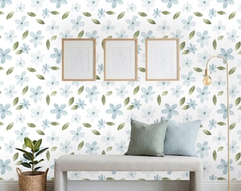 Delicate Pastel Flower Wall Mural, Soft Green Leaves Pattern, Nursery Wall Décor, Watercolor Blue Floral Wallpaper, Peel and Stick or Vinyl