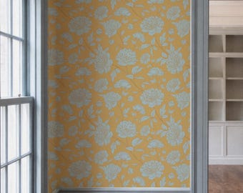 Blue Peony Floral Wallpaper Ochre Yellow Background Line Art Botanical Peel & Stick Wallpaper Modern Vintage Wall Décor