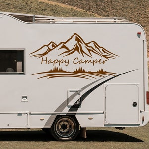 Happy Camper RV Car Body Nature Themed Decal, Mountain Campervan Motorhome Sticker, Travel Trailer Vinyl Decor, Camping Truck Decoration