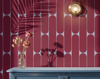 Burgundy Geometric Wallpaper Peel and Stick Retro Arch Wallpaper Modern Mid Century Wall Mural Vintage Red Slate Blue Accent Wallpaper