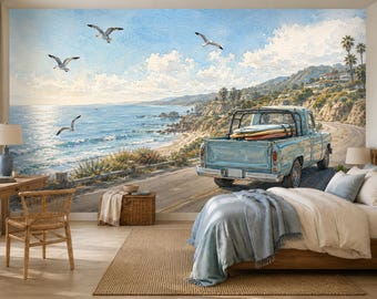Coastal Wall Mural, Retro Surf Truck Wallpaper, Beach Landscape Photo Wall Art, Ocean View Seascape Mural, California Vibe Peel and Stick