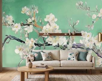 Mural de pared texturizado de flor de almendro, papel tapiz floral con efecto impasto verde salvia, decoración de flor de cerezo con efecto de pintura al óleo 3D, autoadhesivo o en lienzo.