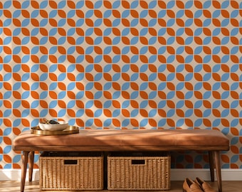 70s Retro Geometric Wallpaper, Mid Century Modern Wall Mural, Orange and Blue Oval Wallpaper, Vintage Peel and Stick Accent Wall