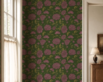 Moody Peony Floral Wallpaper, Dark Green Rose Pink Wallpaper Peel and Stick, Removable Wallpaper for Bedroom, Modern Vintage Wall Décor