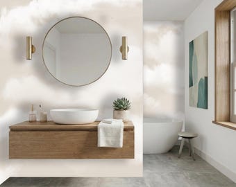 Mural de pared de nubes suaves y neutras, papel tapiz abstracto de cielo en acuarela, autoadhesivo, mural zen minimalista, mural de nubes beige tamaño personalizado