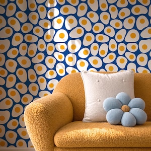 Retro Fried Egg Pattern Wallpaper Blue Quirky Wall Mural Mid Century Modern Décor Peel and Stick Accent Wall Kitchen Dining Room Wallpaper