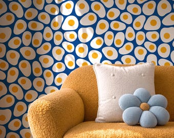 Retro Fried Egg Pattern Wallpaper Blue Quirky Wall Mural Mid Century Modern Décor Peel and Stick Accent Wall Kitchen Dining Room Wallpaper