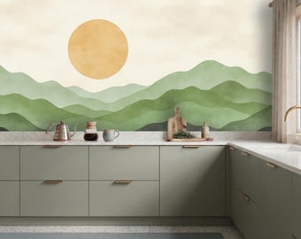 Mural de pared de montaña verde salvia, papel tapiz abstracto de paisaje en acuarela, gran sol estilo boho para pared, naturaleza minimalista autoadhesiva o en vinilo.