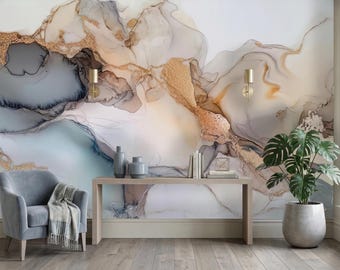 Mural de pared de mármol dorado, papel tapiz abstracto con tinta de alcohol, decoración de pared de arte fluido, moderno, autoadhesivo en gris y beige, gran obra de arte de pared de lujo.