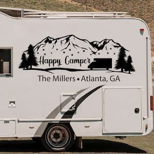 Custom Happy RV Mountain Decal, Personalized Motorhome Camper Sticker, Trailer Vinyl Decor, Camping Truck Gifts Decoration