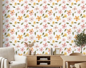 Watercolor Floral Wallpaper, Retro Wildflower Wall Mural, Peel and Stick Meadow Flowers, Pastel Boho Nursery Décor, Removable Floral Pattern