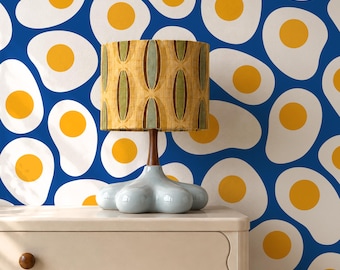 Fried Egg Wallpaper Peel and Stick Bold Blue Kitchen Wallpaper Retro Food Patterned Wall Décor Prepasted or Vinyl Wallpaper Accent Wall