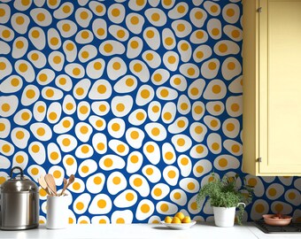 Fried Egg Peel and Stick Wallpaper Kitchen Backsplash Wall Mural Quirky Blue Yellow Sunny Side Up Food Wallpaper Removable Pop Art Décor