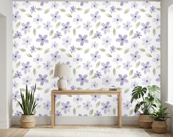 Lavender Floral Wallpaper, Purple Watercolor Flower Wall Paper, Light Green Leaves Accent Wall, Peel and Stick Nursery Wallpaper