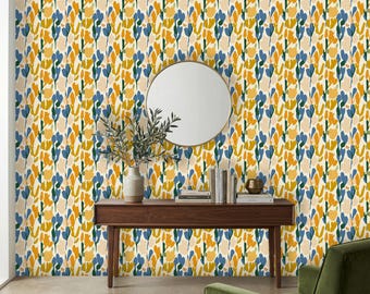 Mustard and Blue Abstract Floral Wallpaper, Mid Century Modern Wall Mural, Retro Botanical Peel and Stick, Earthy Tones Removable Wallpaper
