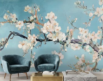 Mural de pared estilo Van Gogh con flores de almendro, papel tapiz floral azul claro con efecto empaste, decoración de pared con textura de pintura al óleo, autoadhesivo o de vinilo.