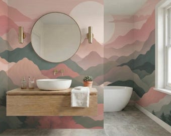 Mural de pared de montaña rosa y verde, puesta de sol en la cima brumosa, papel tapiz removible autoadhesivo para cuarto infantil o sala de estar.