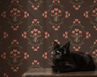 Dark Brown Floral Wallpaper with Pink Poppies, Moody Vintage Botanical Wall Paper, Art Nouveau Peel and Stick Accent Wall
