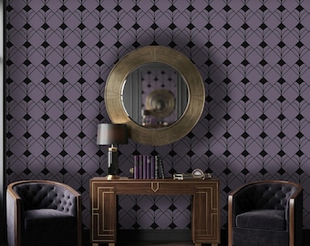 Wallpaper Deco Dark Purple and Black Geometric Peel and Stick, Gatsby Inspired Wall Mural, Moody Luxury Fan Pattern, Dark Academia Décor