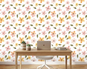 Watercolor Wildflower Peel and Stick Wallpaper, Floral Nursery Wall Décor, Soft Pastel Petal Pattern, Removable Self Adhesive Wall Mural