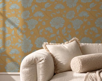 Mustard Yellow Floral Wallpaper Vintage Blue Peonies Botanical Wall Art Peel and Stick Removable Wallpaper Self Adhesive Décor