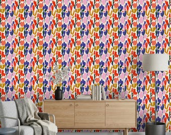 Mid Century Modern Floral Wallpaper, Abstract Colorful Tulip Wall Mural, Vibrant Retro Peel and Stick, Boho Botanical Removable Wallpaper