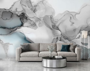Mural de pared de mármol plateado, papel tapiz abstracto, arte fluido gris y azul, decoración de pared industrial moderna, mural texturizado plateado autoadhesivo.