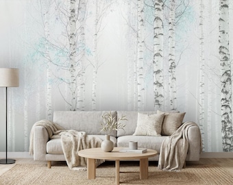Mural de pared Bosque de Abedules Azules, Papel pintado de Árbol Verde Azulado Brumoso, Acuarela Bosque Autoadhesivo, Arte de Pared de Naturaleza, Decoración de Dormitorio Zen Mural Escandinavo