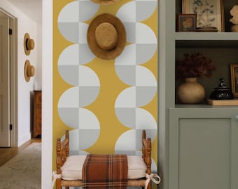 Modern Geometric Wallpaper in Mustard Yellow and Grey, Retro Scallop Wall Mural, Peel and Stick Abstract Wallpaper, Boho Mid Century Décor