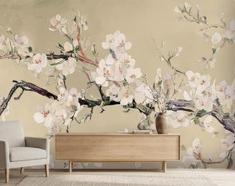 Papel pintado texturizado hecho a mano con efecto de pintura al óleo, mural floral vintage, estilo Art Déco de Van Gogh para pared principal, papel pintado floral a gran escala.