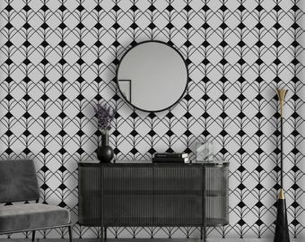 Modern Art Deco Wallpaper Peel and Stick, Black and White Geometric Wall Mural, Minimalist Fan Pattern Removable Wallpaper, Retro Deco Décor