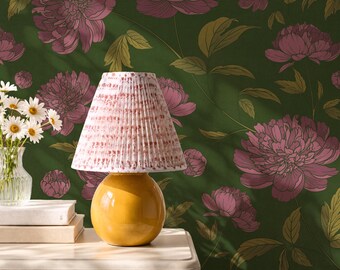 Green Rose Pink Wallpaper Peel and Stick, Removable Wallpaper for Bedroom, Modern Vintage Wall Décor, Moody Peony Floral Wallpaper