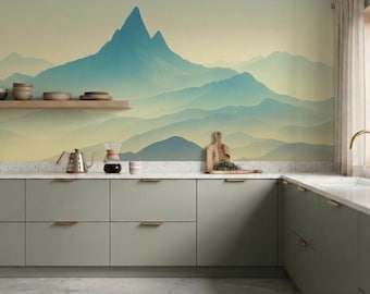 Mural de pared de montaña azul y amarilla, papel pintado autoadhesivo removible con diseño de amanecer en las cordilleras brumosas para la habitación del bebé o la sala de estar.