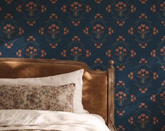 Dark Blue Vintage Floral Wallpaper, Moody Art Nouveau Botanical Wall Mural, Peel and Stick Accent Wall, Romantic Cottagecore Bedroom Décor