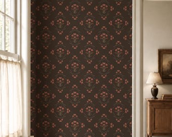 Moody Floral Wallpaper Peel and Stick, Vintage Brown Floral Wallpaper, Victorian Damask Wallpaper Accent Wall
