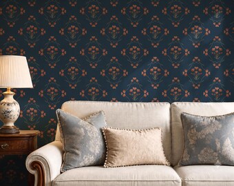 Dark Floral Wallpaper for Bedroom Accent Wall, Navy and Terracotta Botanical Mural, Vintage Art Deco Floral Wall Décor, Peel and Stick