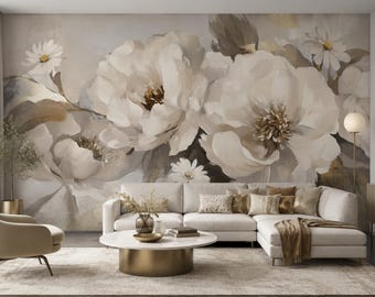 Großes florales Wandbild Schälen und aufkleben, 3D Ölgemälde weiße Pfingstrose Tapete, Neutrale Beige Blumenwandkunst, Abnehmbare Schlafzimmer Tapete