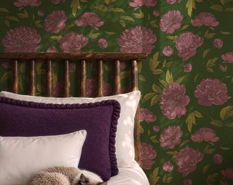 Peony Wallpaper Peel and Stick, Dark Forest Green Wallpaper with Pink Flowers, Antique Floral Wall Mural, Botanical Cottagecore Décor