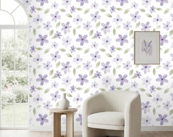 Lavender Floral Wallpaper Peel and Stick, Purple Watercolor Flower Wall Mural, Soft Botanical Nursery Décor, Removable Pastel Wallpaper