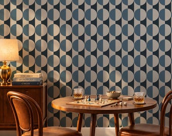 Dark Blue Mid Century Wallpaper, Modern Geometric Circle Wall Mural, Moody Navy Retro Accent Wall, Deco Arch Pattern Peel and Stick
