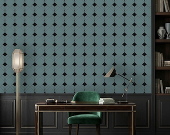 Art Deco Geometric Wallpaper, Teal Black Fan Pattern Wall Mural, Mid Century Modern Peel and Stick, Dark Academia Décor, Removable Wallpaper