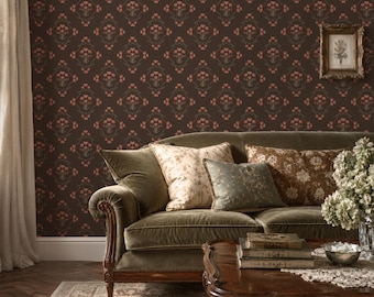 Poppy Wallpaper, Elegant Botanical Pattern Peel and Stick, Dark Floral Wall Mural, Classic Diamond Floral Wall Décor, Accent Wall