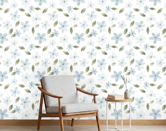 Watercolor Blue Floral Wallpaper, Delicate Pastel Flower Wall Mural, Soft Green Leaves Pattern, Nursery Wall Décor, Peel and Stick or Vinyl