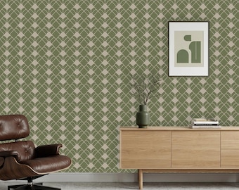 Sage Green Geometric Wallpaper, Olive Deco Wall, Earthy Peel and Stick Wallpaper, Modern Retro Patterned Wallpaper, Sage Accent Wall